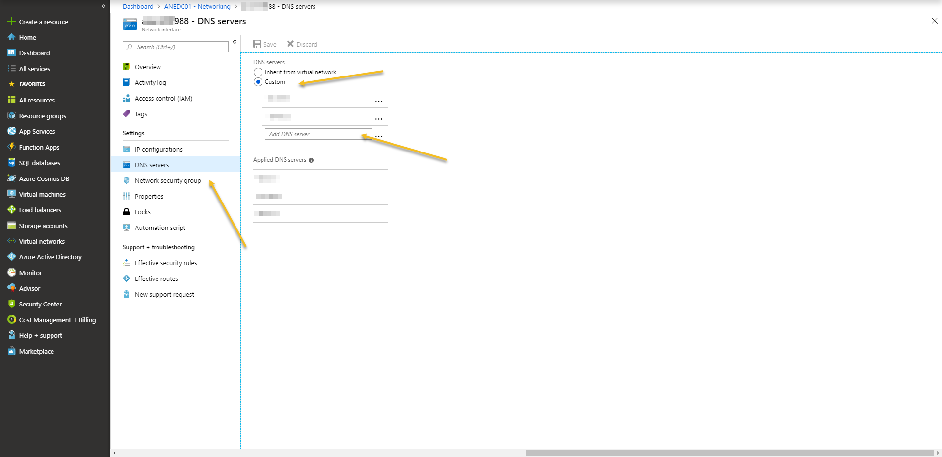 Change  DNS Servers in Azure
