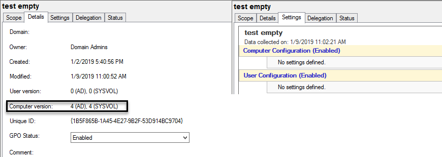 example of empty Group Policy with computer version greater than 0