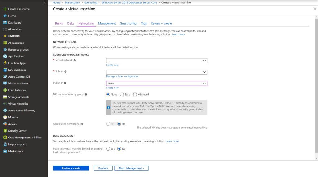 Networking Configuration for new VM in Azure