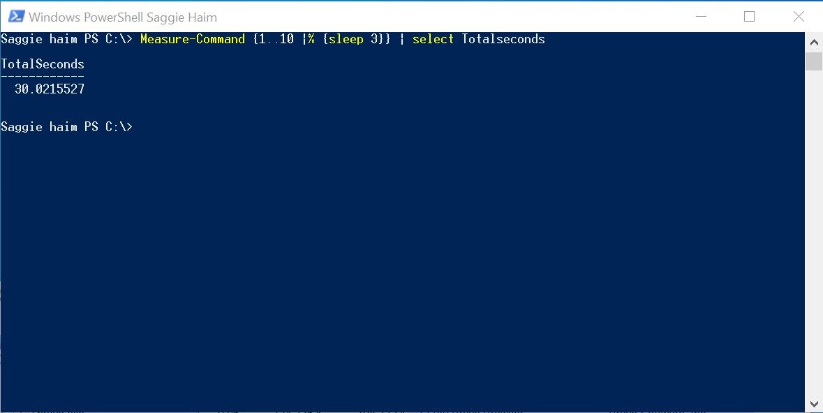 PowerShell Session Showing measuring a simple iteration with no background jobs.