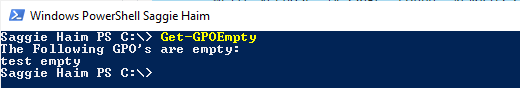 Powershell window with example of Empty Group Policy function