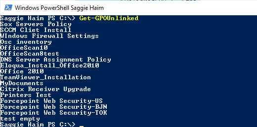 Powershell window with example of Unlinked Group Policy function